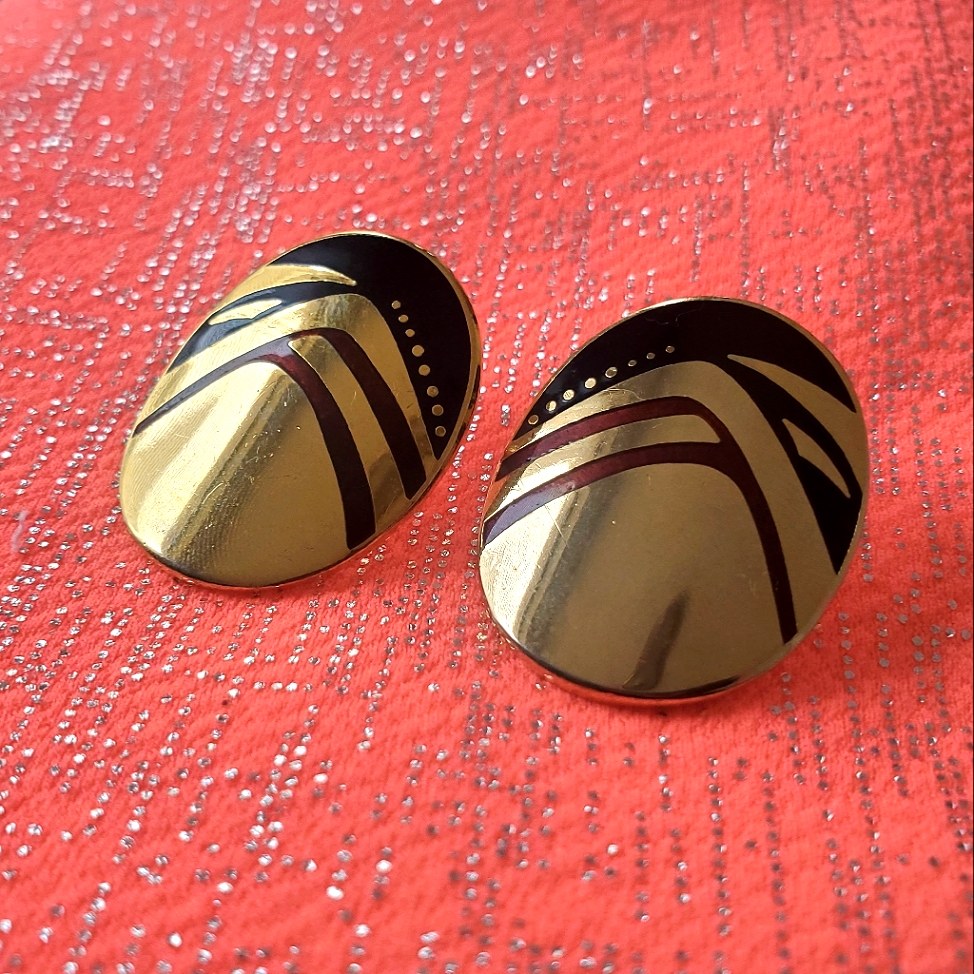 Authentic Vintage Laurel Burch Art Decor Oval Earrings In Gold Black Wine 58$